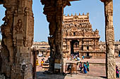 The great Chola temples of Tamil Nadu - The Brihadishwara Temple of Thanjavur. The gopura seen from the pavilion of Nandi. 